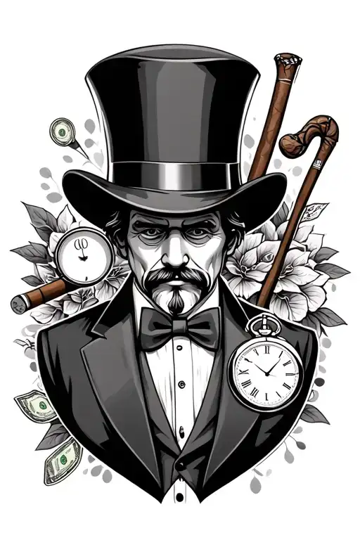 a monocle, a cigar, top hat, cuff links, bowtie, cane, money clip and a pocket watch, longer tattoo design idea