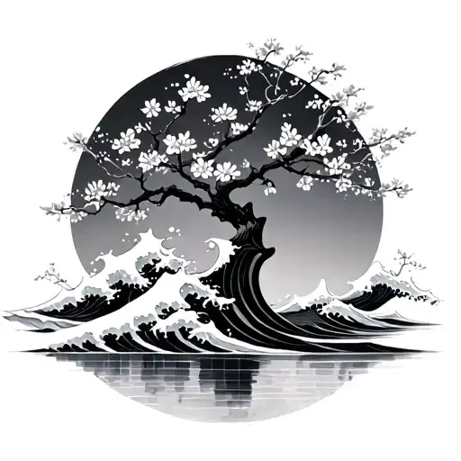 waves and cherry blossom tree tattoo design idea