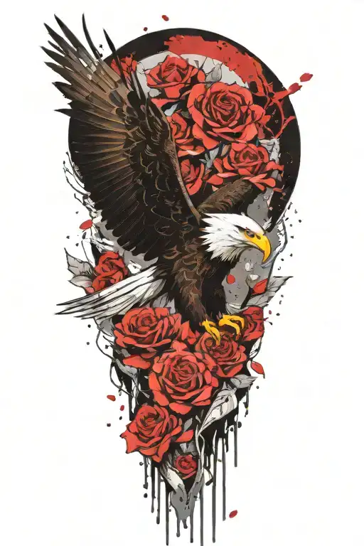 Bald eagle surounded by roses tattoo design idea