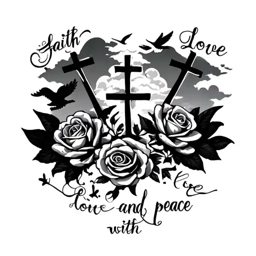 A Half sleeveRoses clouds with 3 crosses and 3 cursive words that says faith love and peace with doves  tattoo design idea
