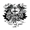 A Half sleeveRoses clouds with 3 crosses and 3 cursive words that says faith love and peace with doves  tattoo design idea