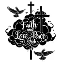 A Half sleeveRoses clouds with 3 crosses and 3 cursive words that says faith love and peace with doves  tattoo design idea