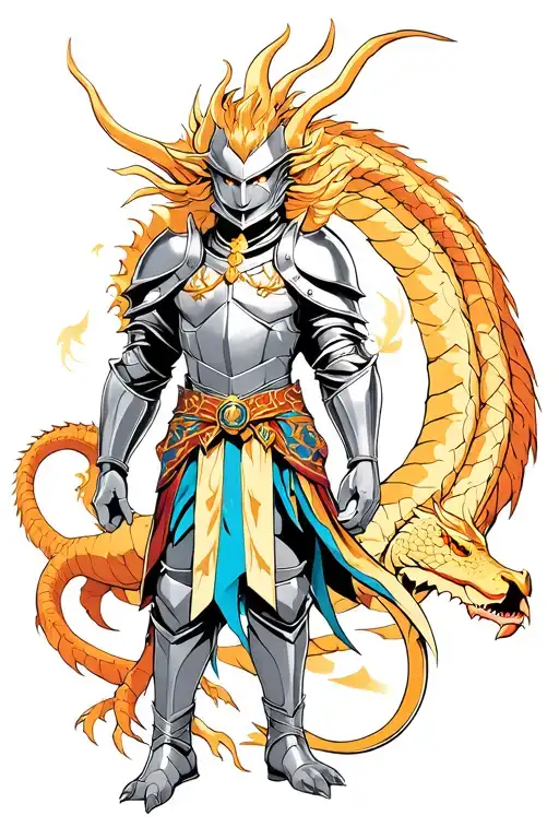 Knight of the zodiac house geminis, and a dragon on the background tattoo design idea