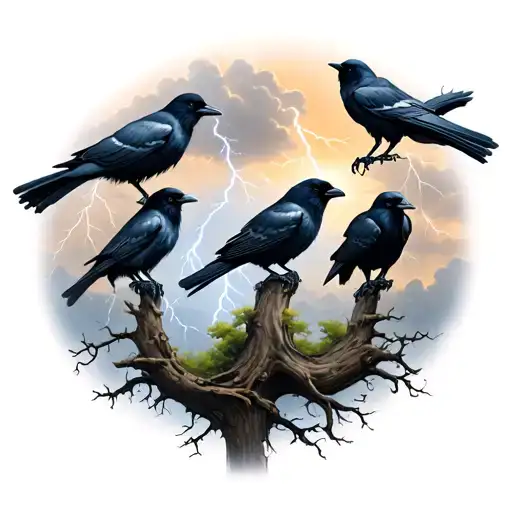 4 crows with trees and cloudy lightning storm  tattoo design idea