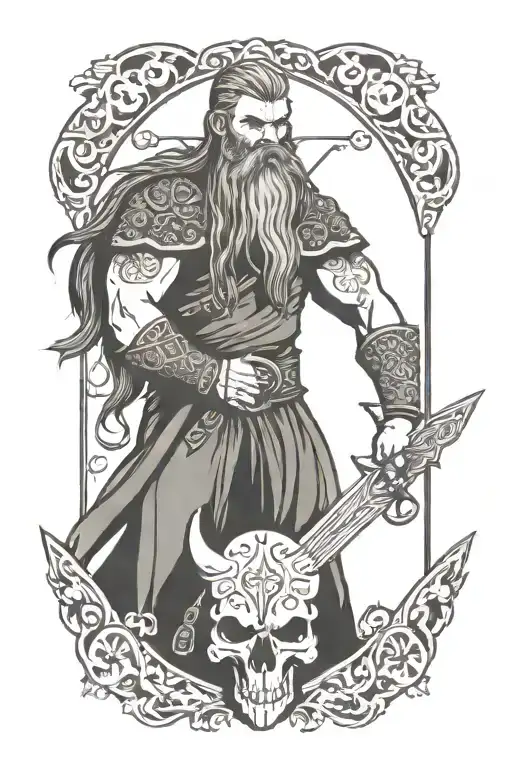 viking with long hair holdiing a sword surround by skulls tattoo design idea