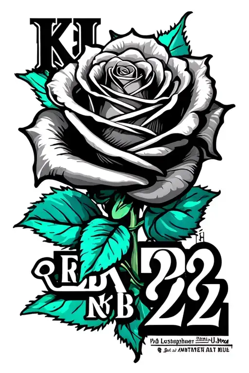 "KJ RB 22" Black and teal wrapped rose tattoo design idea