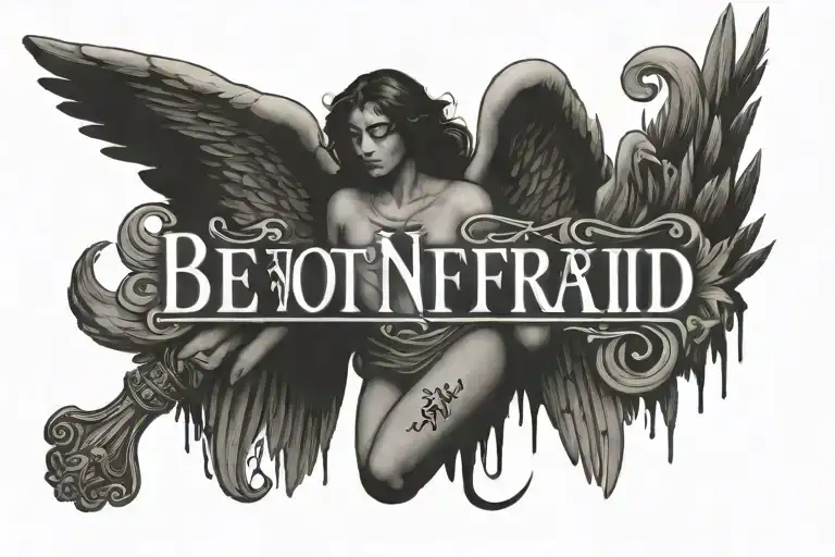 Sepharim Angel with text saying "Be Not Afraid" in strong font tattoo design idea