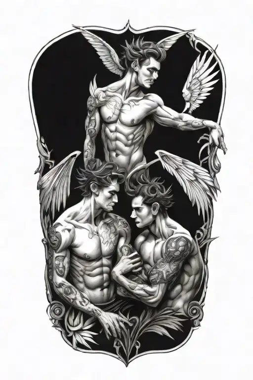 two male  handsome, fairies, sexy, body positivity, playing, making love tattoo design idea