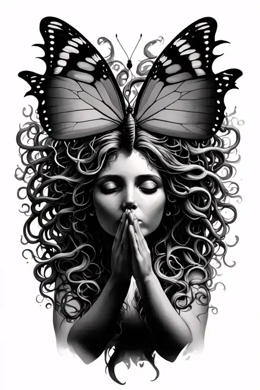 medusa worshipping and praying to a butterfly tattoo design idea