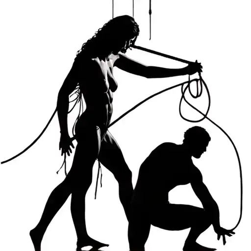 full body Silhouette of a male in a dongeon on his knees being tortured by a goddess dominatrix with whips, hyperrealist tattoo design idea