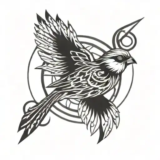 Sparrow inside a flash circle with an infinity theme, black and white with no shading  tattoo design idea