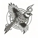 Sparrow inside a flash circle with an infinity theme, black and white with no shading  tattoo design idea