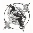 Sparrow inside a flash circle with an infinity theme, black and white with no shading  tattoo design idea