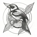 Sparrow inside a flash circle with an infinity theme, black and white with no shading  tattoo design idea