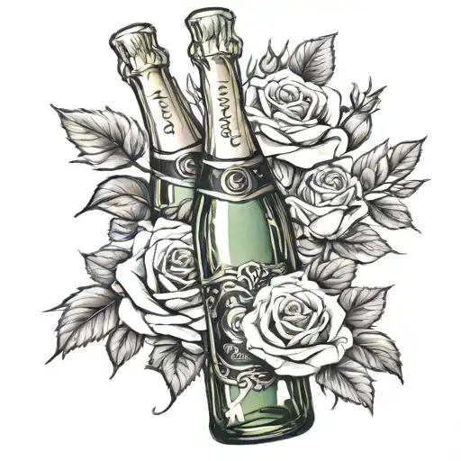 champagne bottle with roses  tattoo design idea