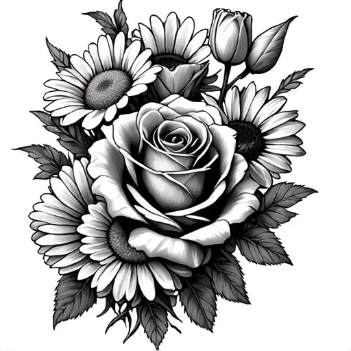 Roses, tulips, daisies, coneflowers, hydrangeas tattoo design idea