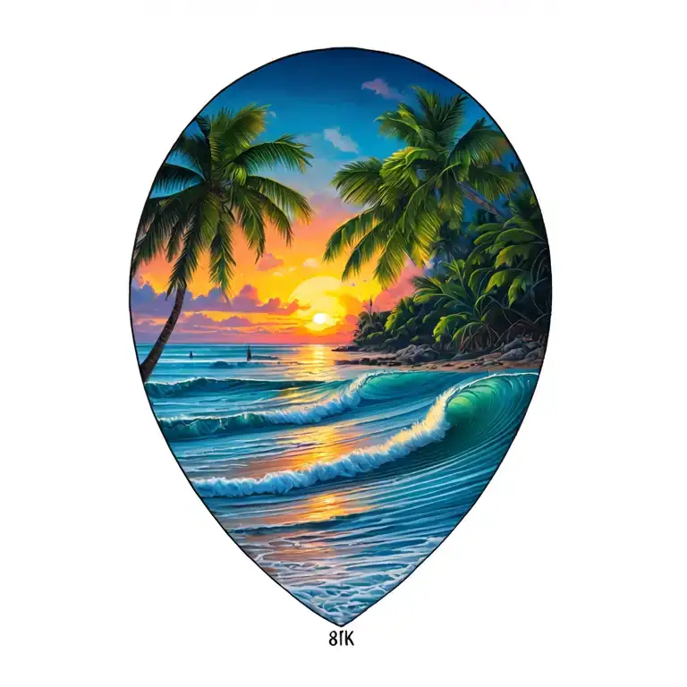 Cosra Rica sunset beach scene with waves tapering off at bottom of tattoo tattoo design idea