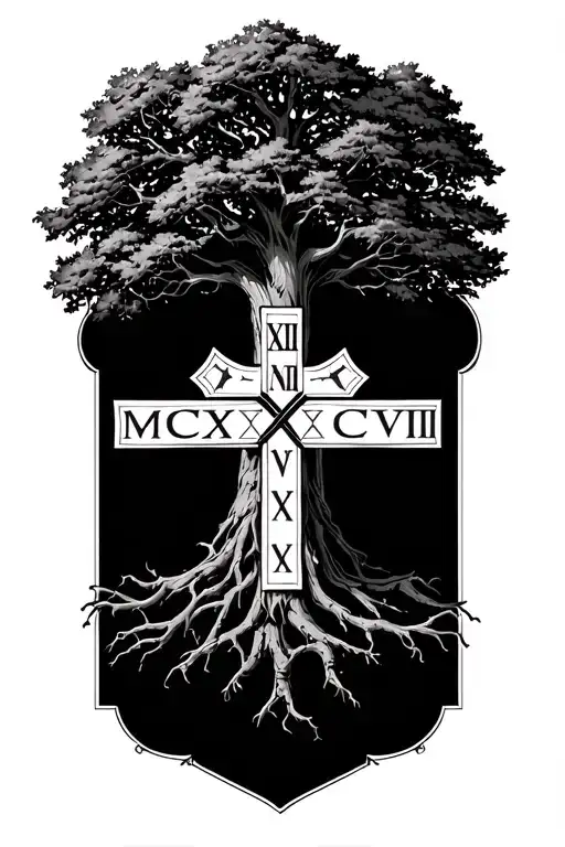 Oak tree with roman numerals MCMXCVIII witha orthodox cross tattoo design idea