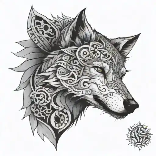 chest tattoo. male. sketchy wolf head and mandala filling to edges. wolf is watching to chest center line from left side tattoo design idea