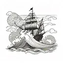 A medieval ship sailing through stormy waters, with fishing nets draped over the sides tattoo design idea