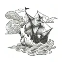 A medieval ship sailing through stormy waters, with fishing nets draped over the sides tattoo design idea