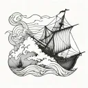 A medieval ship sailing through stormy waters, with fishing nets draped over the sides tattoo design idea