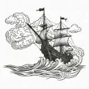 A medieval ship sailing through stormy waters, with fishing nets draped over the sides tattoo design idea