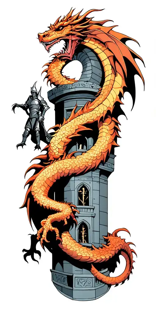 Dragon wrapped around a gothic like tower and a knight looking up to face the danger. tattoo design idea