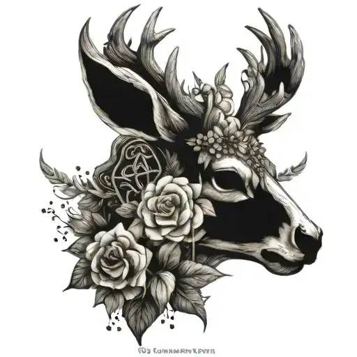 Anatomy-inspired deer skull with a vintage flower crown and alchemist symbols tattoo design idea
