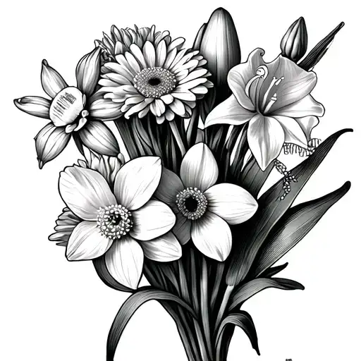 bouquet of 1 daffodil, 1 snowdrop, 1 chrysanthemum and 1 gladiolus with a band-aid tattoo design idea