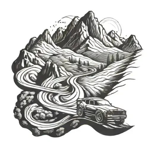Elbflorace themed mountain landscape with a racing car speeding down a winding road tattoo design idea