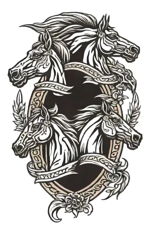 Three horse heads all facing one diretion in a horseshoe american traditional style tattoo design idea