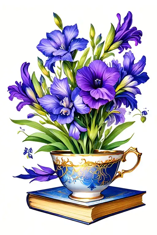 books with violet flowers and gladiolus flowers and kintsugi teacup tattoo design idea