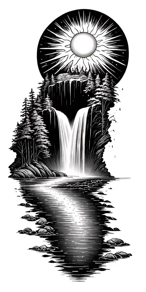 a sun flowing into a river that turns into a waterfall with small rain drops at the end of the waterfall tattoo design idea