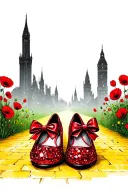 two sparkly flat red ruby shoes with bows on toe and yellow brick road, poppies, emerald city in background tattoo design idea