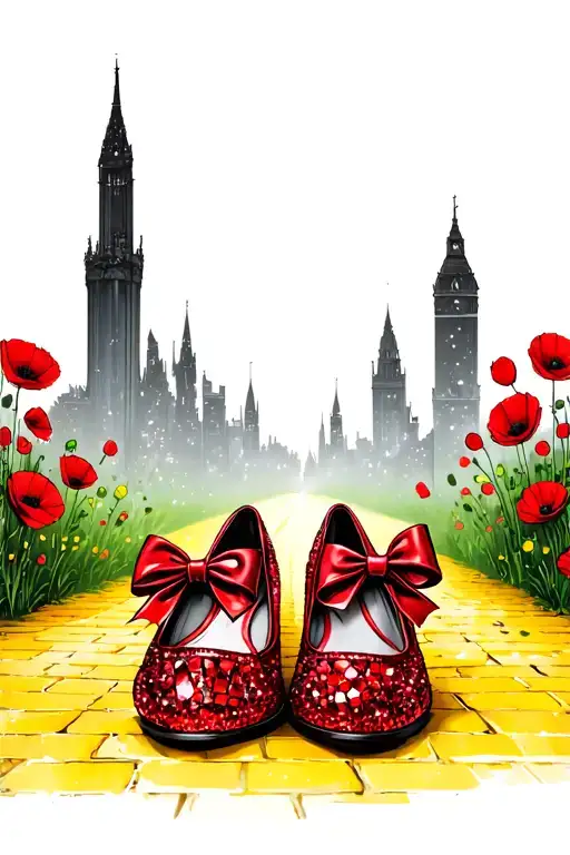 two sparkly flat red ruby shoes with bows on toe and yellow brick road, poppies, emerald city in background tattoo design idea