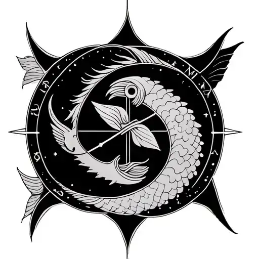Cancer, pisces, and sagittarius astrology symbols intertwined tattoo design idea