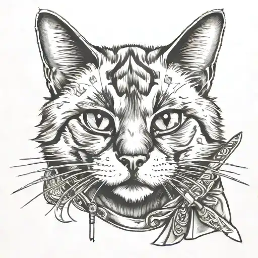 Siamese cat samurai full size tattoo design idea