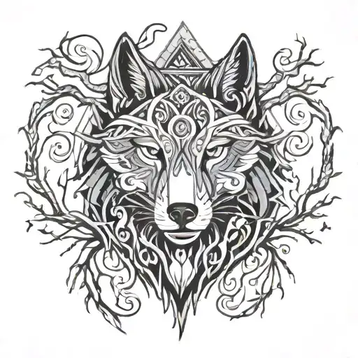 tree branches, wolf, puzzle, scifi maori tribal tattoo design idea