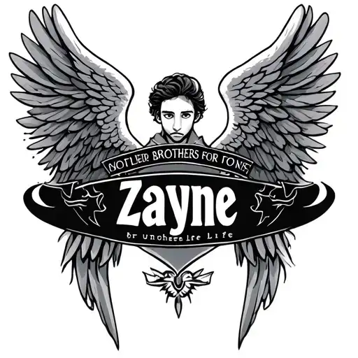 the name Zayne between two angel wings and brothers for life under it tattoo design idea