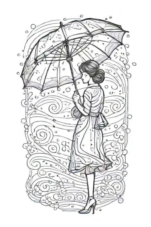 woman silhouette with an umbrella getting rained tattoo design idea