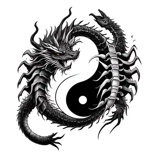 yin yang with dragon and scorpion  tattoo design idea