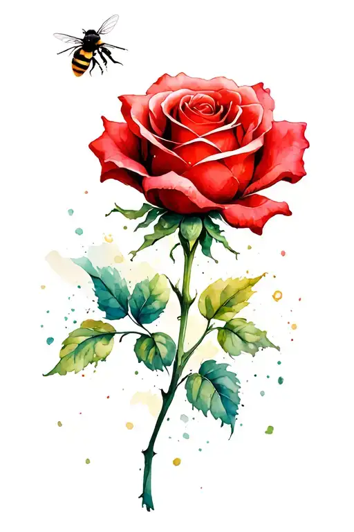 Long stemmed Red Rose and fluffy Bumblebee flying above tattoo design idea