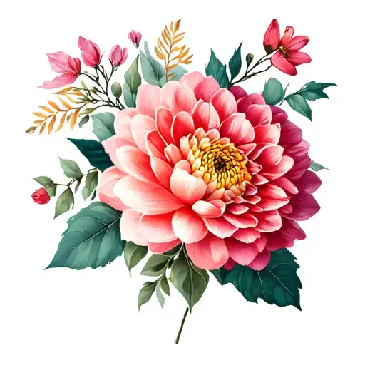 dahlia, ranunculus, peony, greenage, eucalyptus leaves for upper arm tattoo tattoo design idea