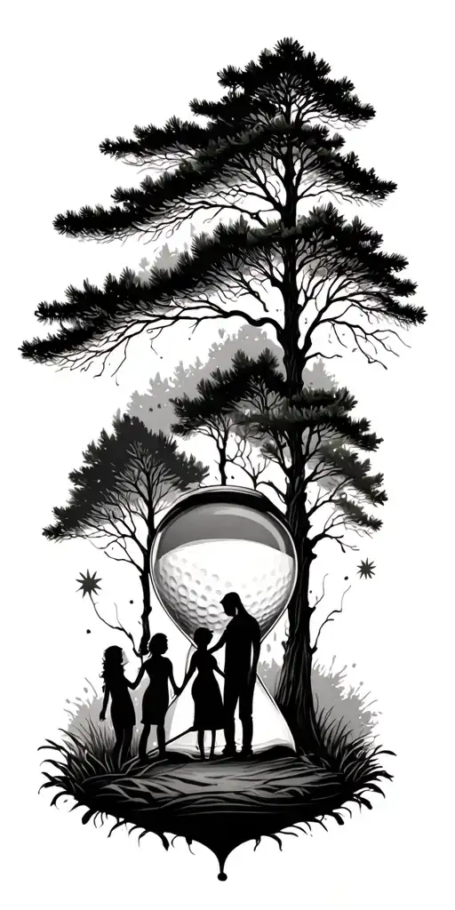 Pine forest wrap around and family tree and hour glass father and mother with 2 daughters and 1 son and golf tattoo design idea