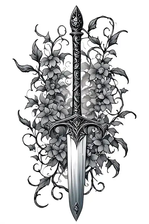 Rusty Sword sorrounded by vines tattoo design idea