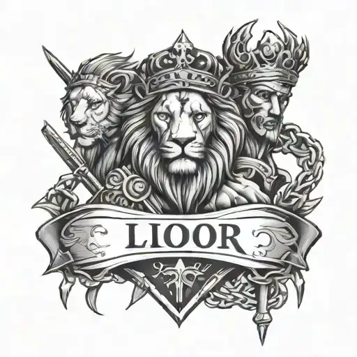 three crosses on forearm tattoo, lion with crown of thorns, roman gladiator with sword and shield, chains breaking  tattoo design idea