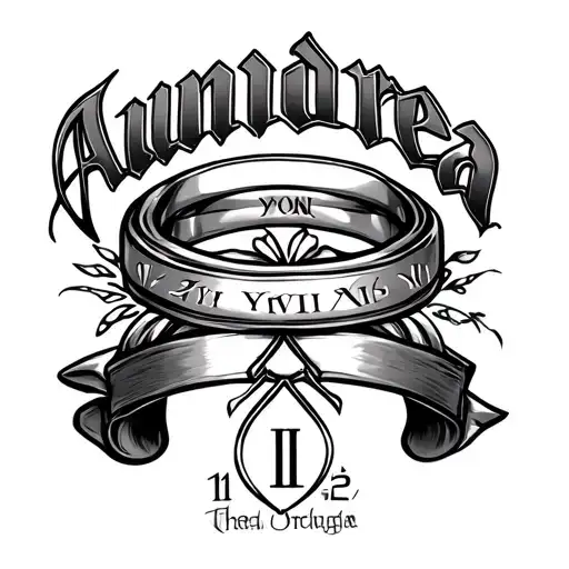 Create a tattoo using the word "Aundrea" , a wedding ring & the date 1/1/25 in Roman numerals  tattoo design idea