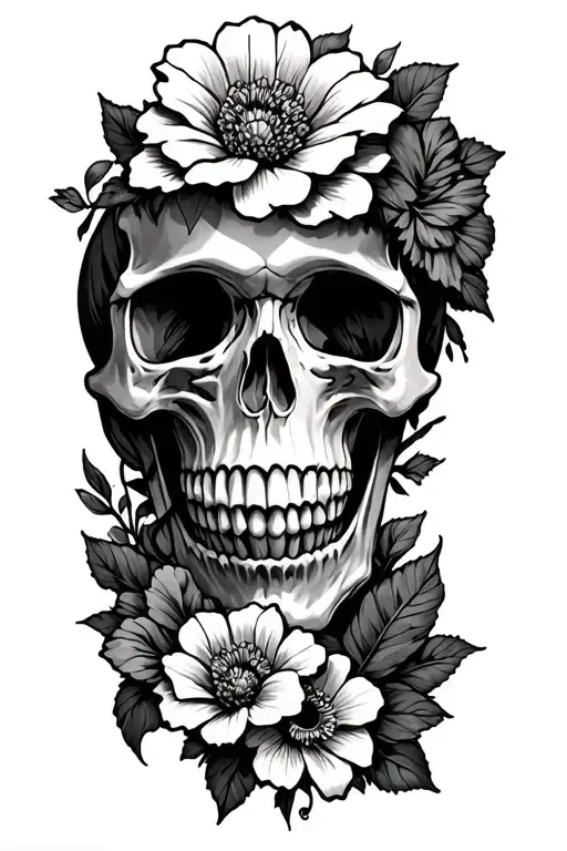skull flower around side of knee cap tattoo design idea