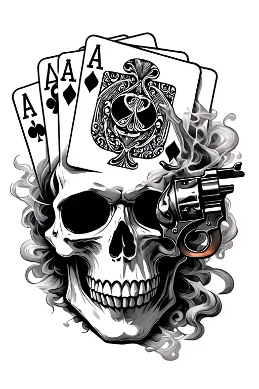 skull with smoking revolver and playing cards tattoo design idea